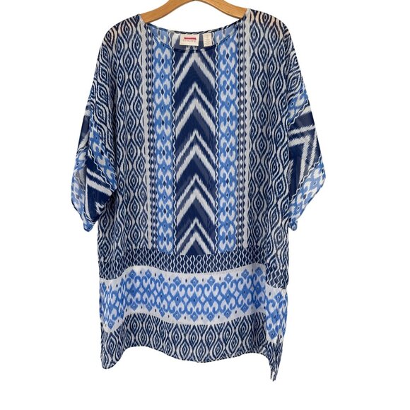 Chicos 2 Womens Ikat Pattern Tunic Top blouse semi sheer Size large Blue & White - Picture 1 of 4